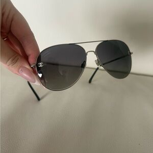 CHANEL Silver Aviator Sunglasses with Dark Smoke Lenses